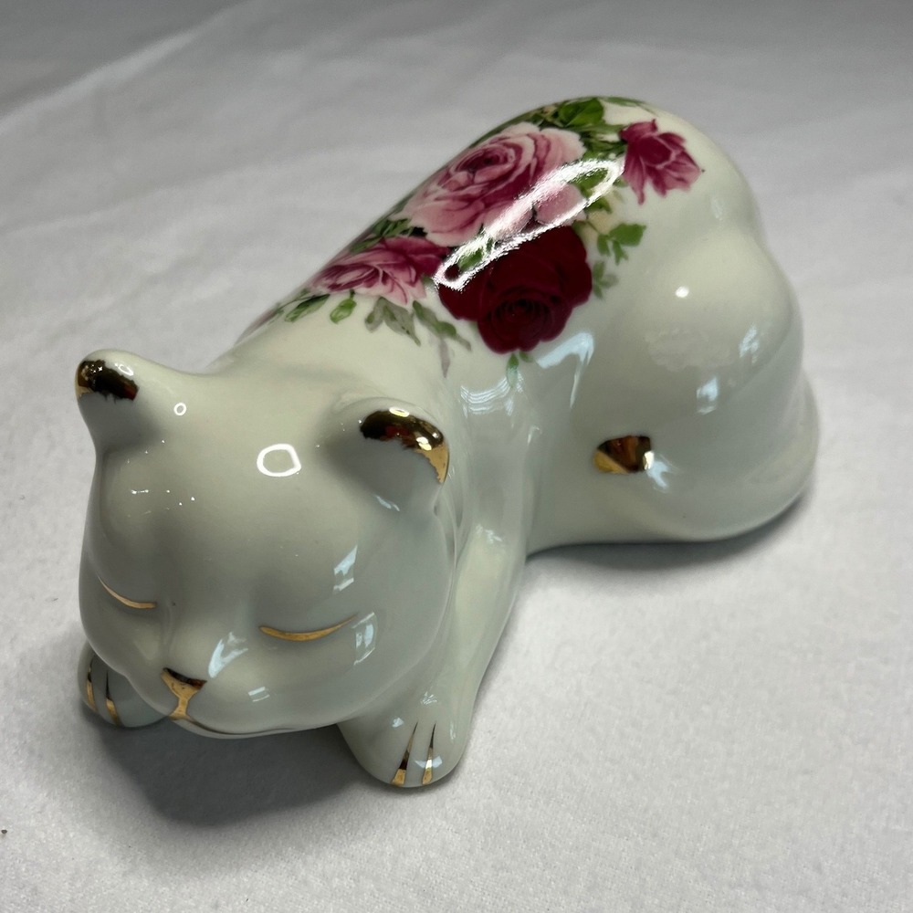 J Godinger Antique Reflections Porcelain Sleeping Cat Figurine Rose Floral Gold